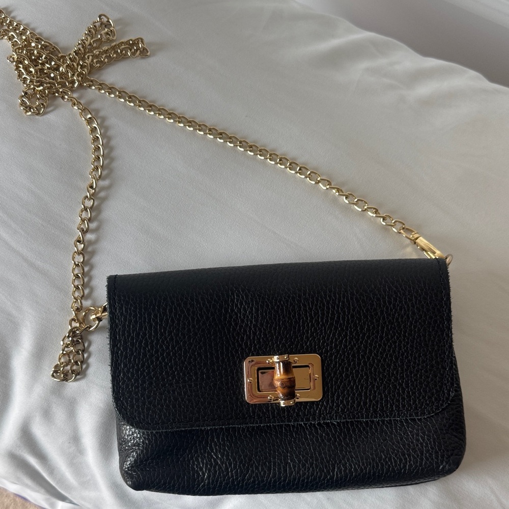 Black Leather Shoulder Bag with Gold Bamboo-Twist Lock